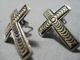 Exquisite Vintage Native American Navajo 14k Gold Cross Sterling Silver Earrings-Nativo Arts