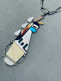 Phil Gia Vintage Native American Zuni Inlay Textured Turquoise Sterling Silver Necklace-Nativo Arts