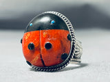 Marvelous Native American Navajo Coral Jet Ladybug Sterling Silver Ben Begaye Ring-Nativo Arts