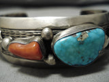 Museum Vintage Native American Navajo Carico Lake Turquoise Coral Sterling Silver Bracelet Old-Nativo Arts