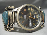 Native American Important Lander Blue Turquoise Gold Sterling Silver Watch Bracelet-Nativo Arts