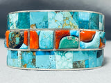 Heavy 129 Gram Native American Navajo Turquoise Coral Sterling Silver Inlay Bracelet-Nativo Arts