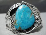 Huge Vintage Native American Navajo Carico Lake Turquoise Sterling Silver Leaf Bracelet Old-Nativo Arts