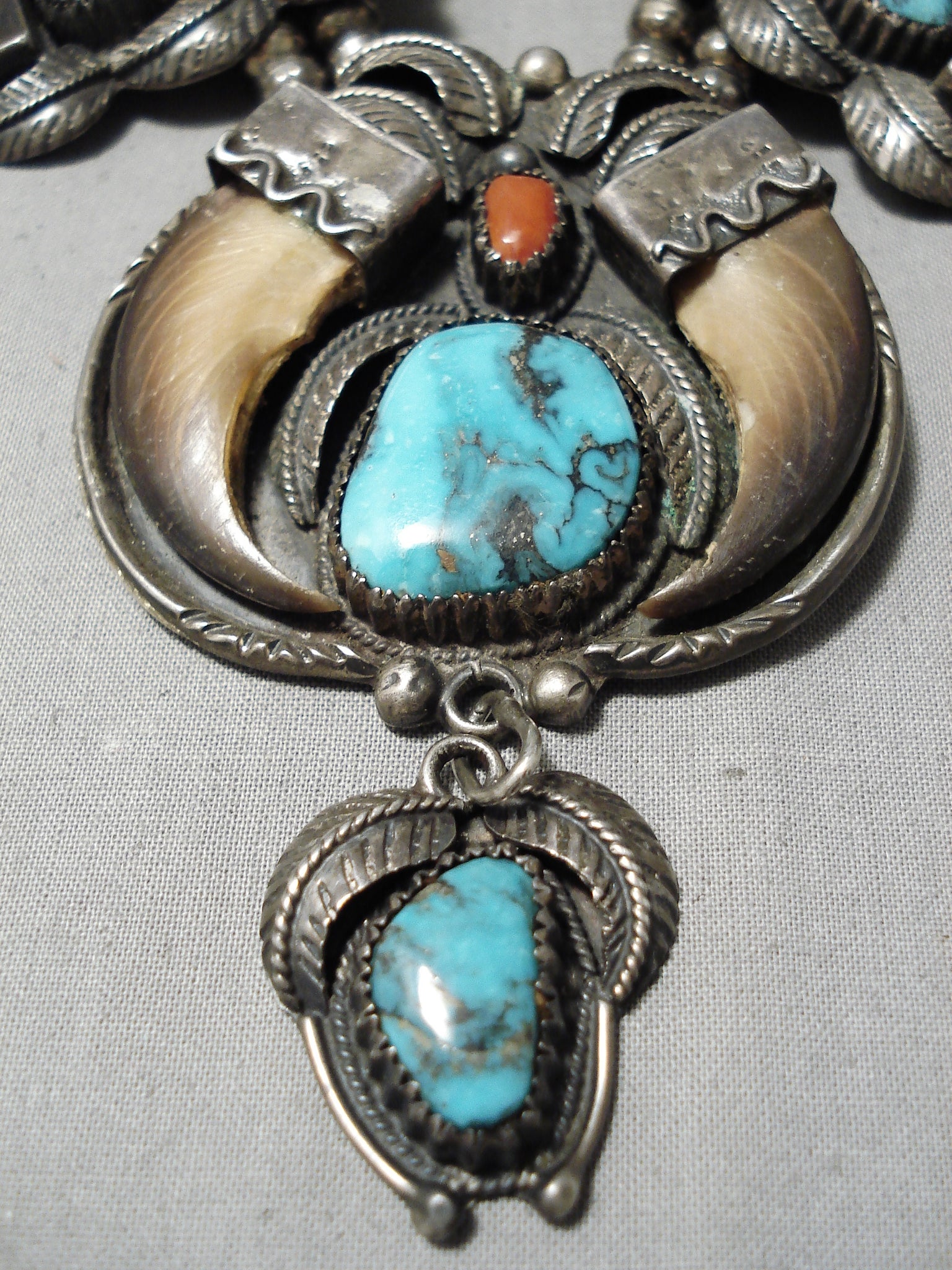 Navajo Sterling Silver Turquoise Coral Squash top Blossom Festoon Y Necklace