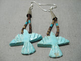 Intricate!! Vintage Native American Navajo Eagle Turquoise Sterling Silver Heishi Earrings-Nativo Arts