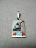 Incredible Detailed Native American Zuni Turquoise Coral Sterling Silver Bird Pendant-Nativo Arts