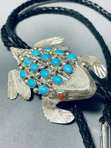 Wilf Begay Vintage Native American Navajo Turquoise Coral Toad Sterling Silver Bolo Tie-Nativo Arts