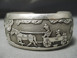 Native American Quality Detailed Vintage Navajo Hand Tooled Sterling Silver Horse Buggy Bracelet-Nativo Arts