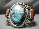 Statement Vintage Native American Navajo Turquoise Coral Sterling Silver Bracelet Old-Nativo Arts