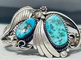 Premium Vintage Native American Navajo 2 Kingman Turquoise Sterling Silver Bracelet-Nativo Arts