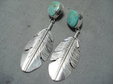 Remarkable Native American Navajo Royston Turquoise Sterling Silver Feather Earrings-Nativo Arts