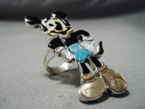 So Detailed!! Zuni Native American Turquoise Sterling Silver Mickey Ring-Nativo Arts