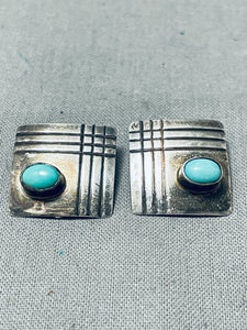 Hand Filed Vintage Native American Navajo Turquoise Sterling Silver Earrings-Nativo Arts