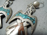 Unique Vintage Native American Navajo Turquoise Chip Inlay Sterling Silver Birds Earrings Old-Nativo Arts