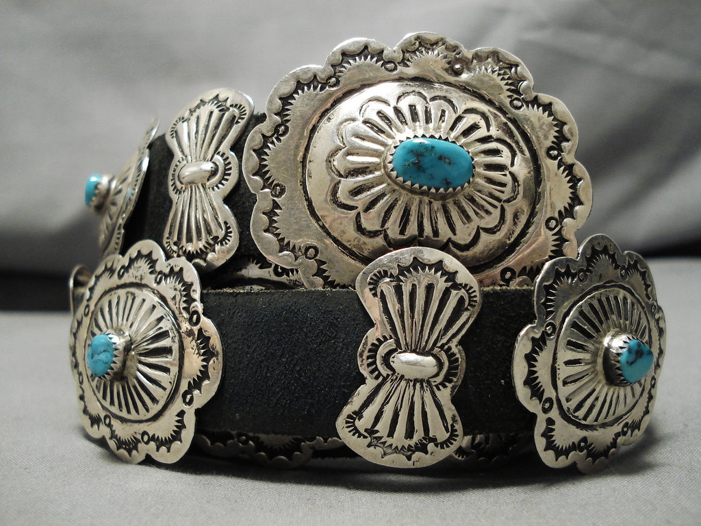 Item #978A- Navajo Turquoise Sun Symbols Stamped Sterling Silver Butterfly  Concho Belt by De Chelly —Native American Turquoise & Silver Concho Belts