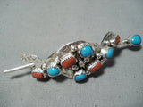 Gorgeous Navajo Native American Turquoise Coral Sterling Silver Hair Barrette-Nativo Arts