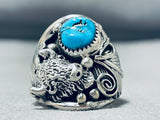 Astonishing Native American Navajo Kingman Turquoise Sterling Silver Buffalo Ring-Nativo Arts