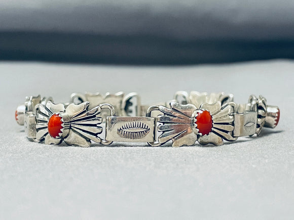 Dynamic Vintage Native American Navajo Mediterranean Coral Sterling Silver Link Bracelet-Nativo Arts