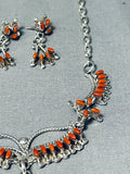 Cute Detailed Native American Zuni Coral Sterling Silver Necklace And Earring Set-Nativo Arts