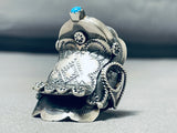 Elaborate Signed Native American Navajo Sleeping Beauty Turquoise Sterling Silver Saddle Ring-Nativo Arts