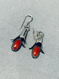 Fabulous Native American Navajo Coral Sterling Silver Blossom Dangle Earrings-Nativo Arts