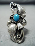 Amazing Vintage Native American Navajo Blue Gem Turquoise Sterling Silver Leaf Ring Old-Nativo Arts
