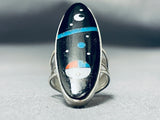 Signed Vintage Native American Navajo Herm Smith Turquoise Sterling Silver Nightsky Ring-Nativo Arts