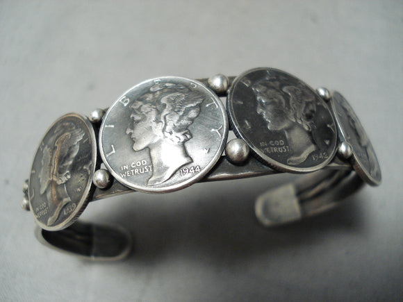 Impressive Native American Taos Signed Mercury Dimes Sterling Silver Bracelet-Nativo Arts