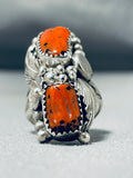 Impressive Native American Navajo Coral Sterling Silver Ring Signed-Nativo Arts