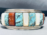 Opulent Vintage Native American Navajo Turquoise Inlay Sterling Silver Bracelet Old-Nativo Arts
