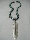 Detailed!! Vintage Native American Navajo Sterling Silver Green Turquoise Feather Necklace-Nativo Arts