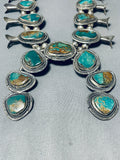 Chunky Vintage Native American Navajo Royston Turquoise Sterling Silver Squash Blossom Necklace-Nativo Arts