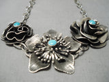 Extremely Detailed Handmade Flower Sterling Silver Turquoise Native American Navajo Necklace-Nativo Arts
