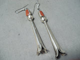Long Cute Native American Navajo Coral Sterling Silver Fluted Earrings-Nativo Arts