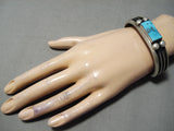 Hvy Vintage Native American Navajo Squared Turquoise Sterling Silver Bracelet Old-Nativo Arts
