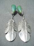 Unique Native American Navajo Royston Turquoise Sterling Silver Feather Earrings-Nativo Arts