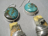 Exceptional Native American Navajo Longer Turquoise Sterling Silver Leaf Jasper Earrings-Nativo Arts