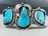 Dramatic Vintage Native American Navajo 3 Blue Diamond Turquoise Sterling Silver Bracelet-Nativo Arts