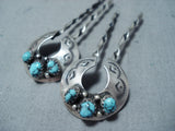 Fantastic Vintage Native American Navajo Blue Diamond Turquoise Sterling Silver Hairpins Old-Nativo Arts