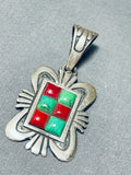 Gorgeous Vintage Native American Navajo Green Turquoise Coral Sterling Silver Pendant-Nativo Arts
