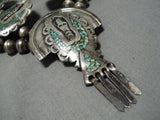 Native American Intricate Vintage Navajo Turquoise Inlay Sterling Silver Squash Blossom Necklace-Nativo Arts