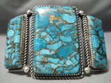 Vivid Huge Vintage Native American Navajo Squared Turquoise Sterling Silver Bracelet Old-Nativo Arts