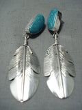 Feather Master Native American Navajo Old Kingman Turquoise Sterling Silver Feather Earrings-Nativo Arts
