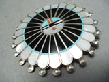 So Intricate Vintage Native American Zuni Turquoise Coral Sterling Silver Sunface Pin Pendant-Nativo Arts