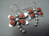 Exquisite Native American Navajo Coral Sterling Silver Dragonfly Earrings-Nativo Arts
