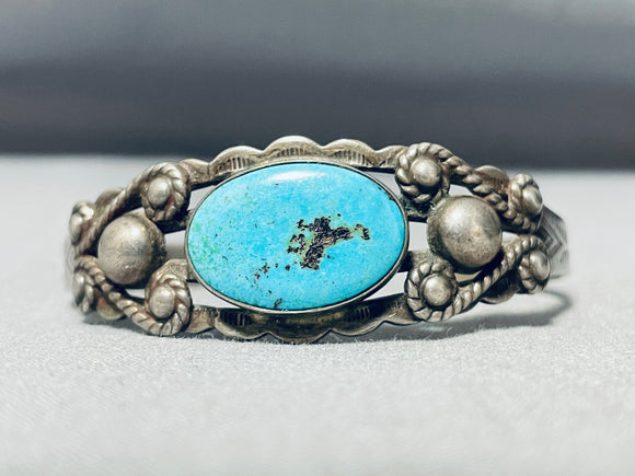 Early Vintage Native American Navajo Blue Turquoise Sterling Silver Bracelet Old-Nativo Arts