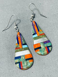 One Of Most Unique Vintage Native American Slim Inlay Sterling Silver Earrings-Nativo Arts