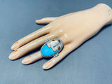 Exceptional Native American Navajo Turquoise Sterling Silver Ring Signed Calvin Desson-Nativo Arts
