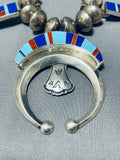 Native American 312 Gram Vintage Navajo Inlay Turquoise Sterling Silver Squash Blossom Necklace-Nativo Arts