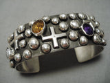 Important Vintage Native American Navajo Sterling Silver Cross Amethyst Bracelet Cuff-Nativo Arts